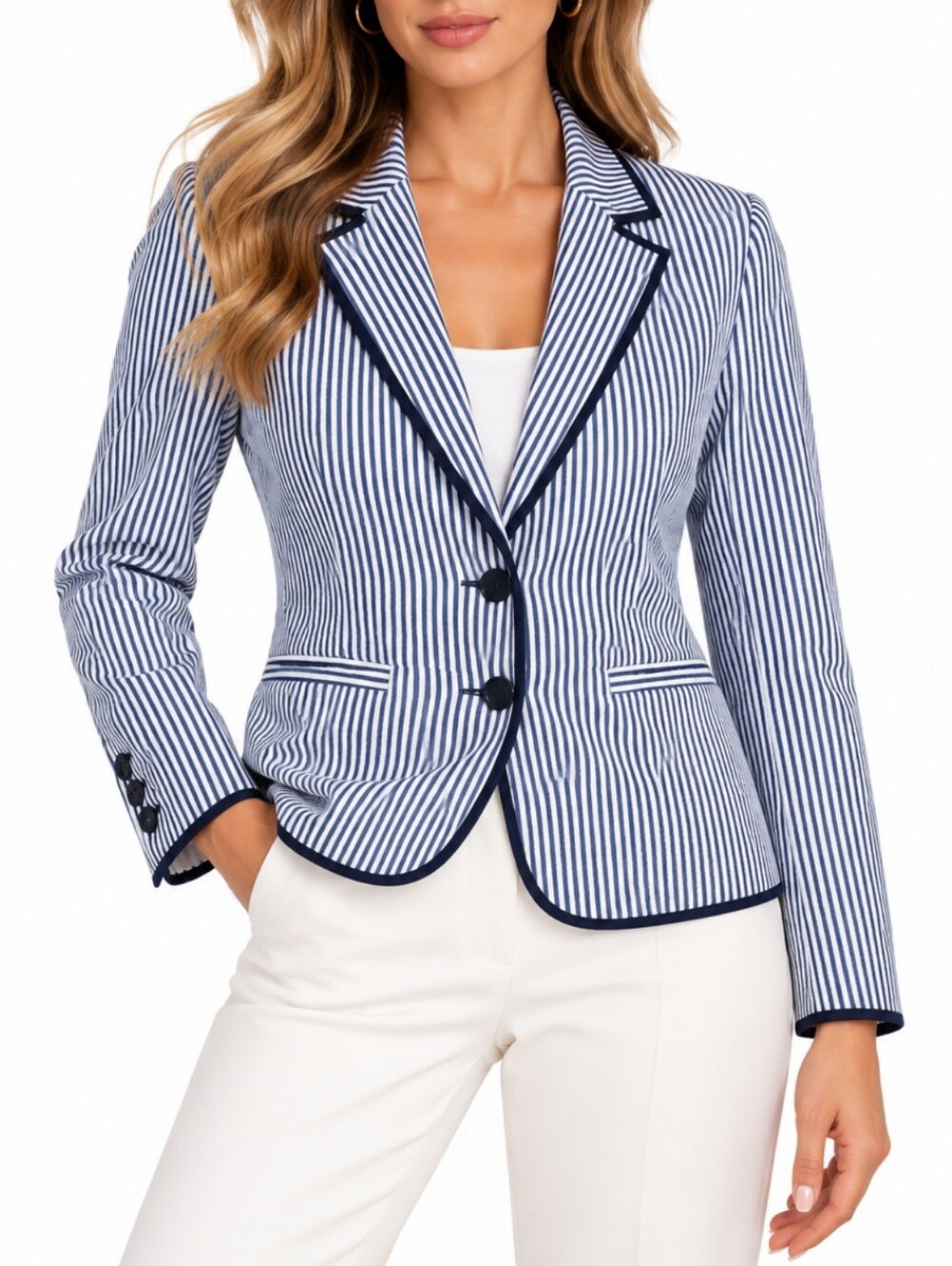 Sandro Paris Striped Seersucker Blazer Size L Navy White Coastal Chic NWOT